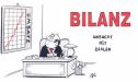 Bild Zwei Mitarbeiter sitzen an einem Schreibtisch, Hintergrund in Großschrift "BILANZ"