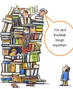Mehrere Mitarbeiter arbeiten in einer Bücherwand. Der Oberste ruft einem am Boden stehenden Mitarbeiter zu: "Wir sind Buchhaltungsexperten!"