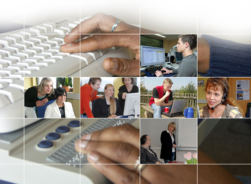 Fotocollage Teilnehmer an PC-Arbeitsplätzen
